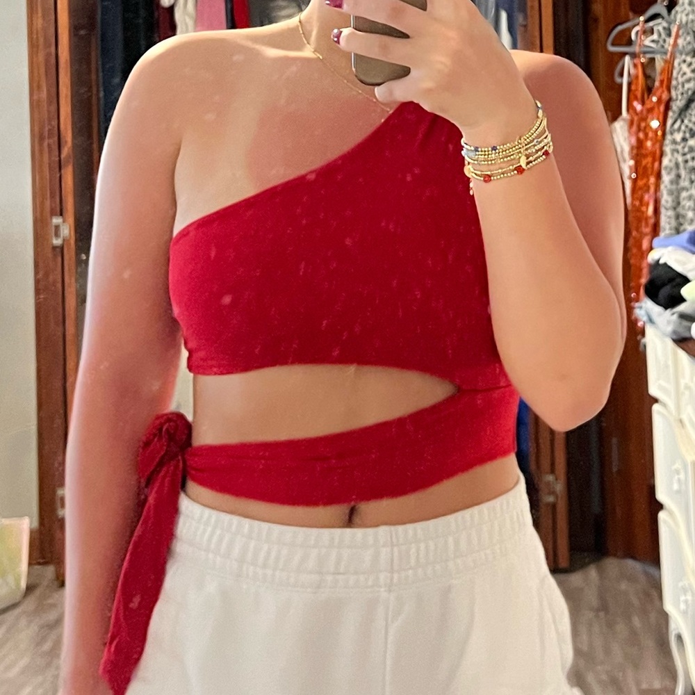 NEW red one shoulder crop top with tie side